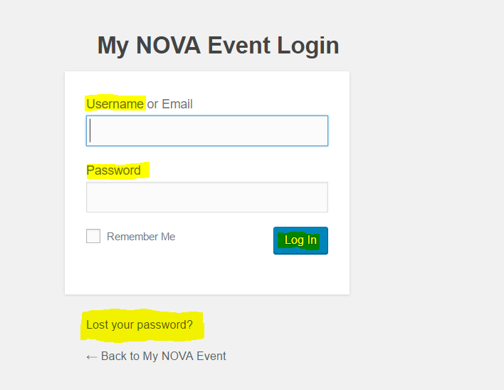 MyNOVAEvent.com vendor and client log-in screen